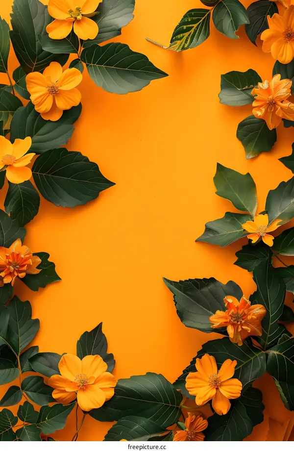 Orange Flowers and Green Leaves on a Yellow Background