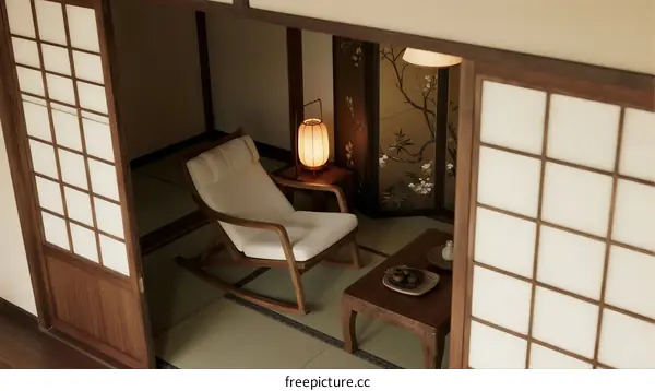 Cozy Traditional Japanese Room with Wooden Furniture and Soft Lighting