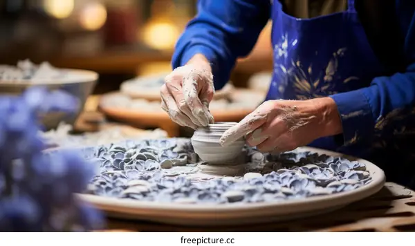 The potter shapes the clay into a bowl