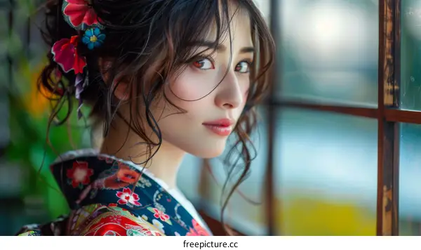 Japanese Woman in Traditional Kimono Looking Out Window