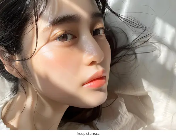 A close-up portrait of a young woman with long dark hair and light makeup