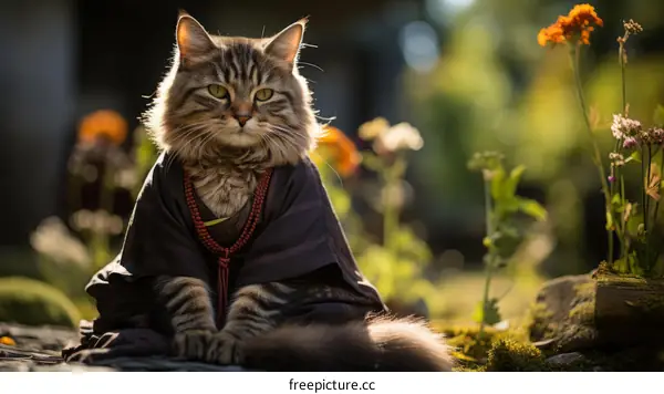 A cute cat wearing a kimono is sitting in a garden