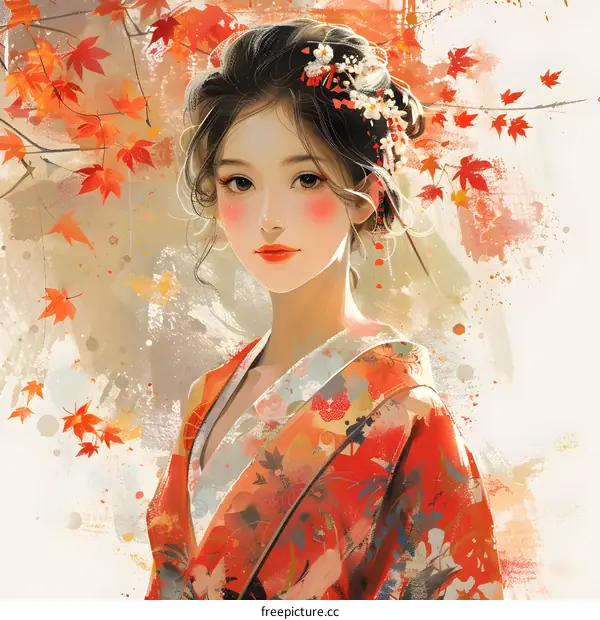 A beautiful Japanese woman in a red kimono standing in a field of red maple leaves.
