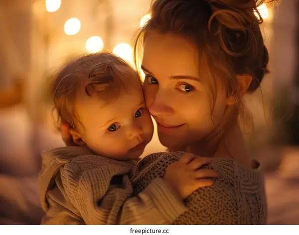 Mother and baby in warm embrace, cozy home atmosphere
