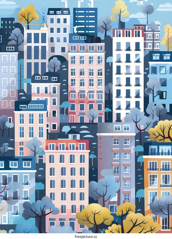 Colorful Cityscape Illustration with Buildings and Trees