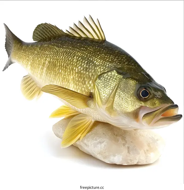 A largemouth bass fish on a rock