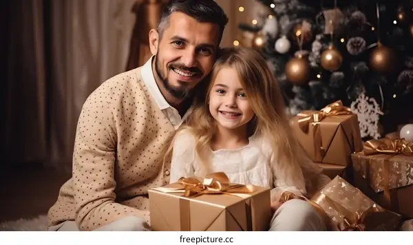 Father and daughter with Christmas presents