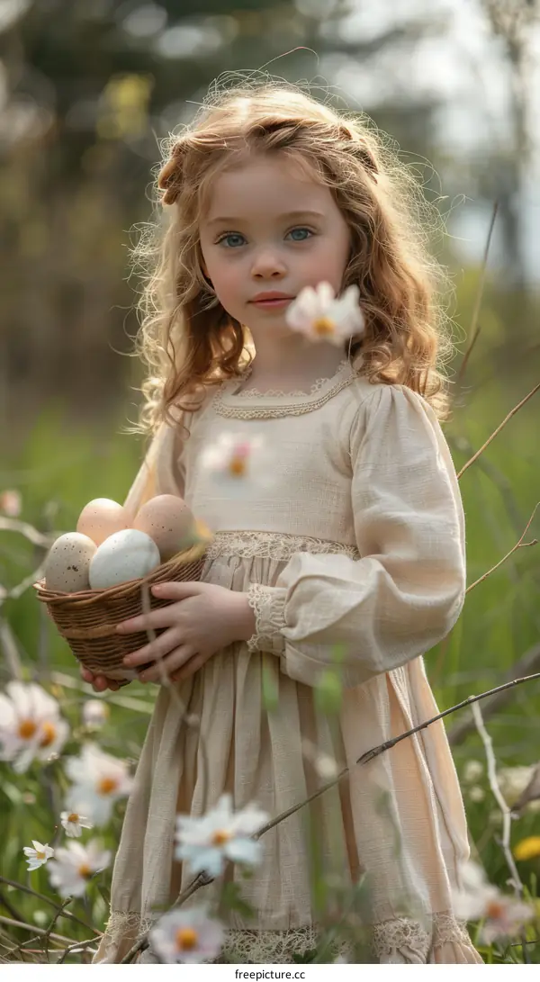 Adorable Girl in a Pastel Dress Holding Easter Eggs