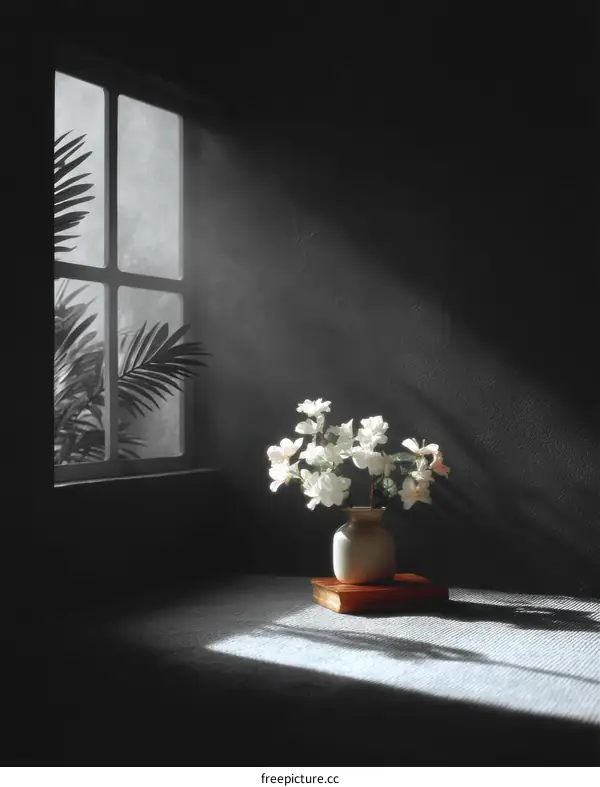 Sunlight Illuminating a Vase of White Flowers in a Dark Room