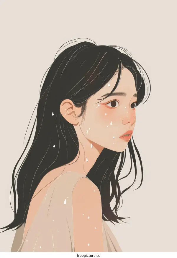 A girl with long black hair and water droplets on her face