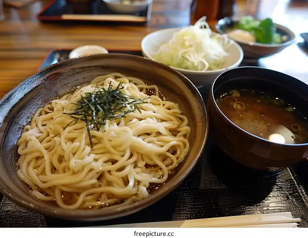 A delicious bowl of udon noodles with soup and side dishes