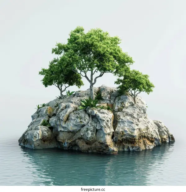Solitary Rocky Island with Trees in the Ocean