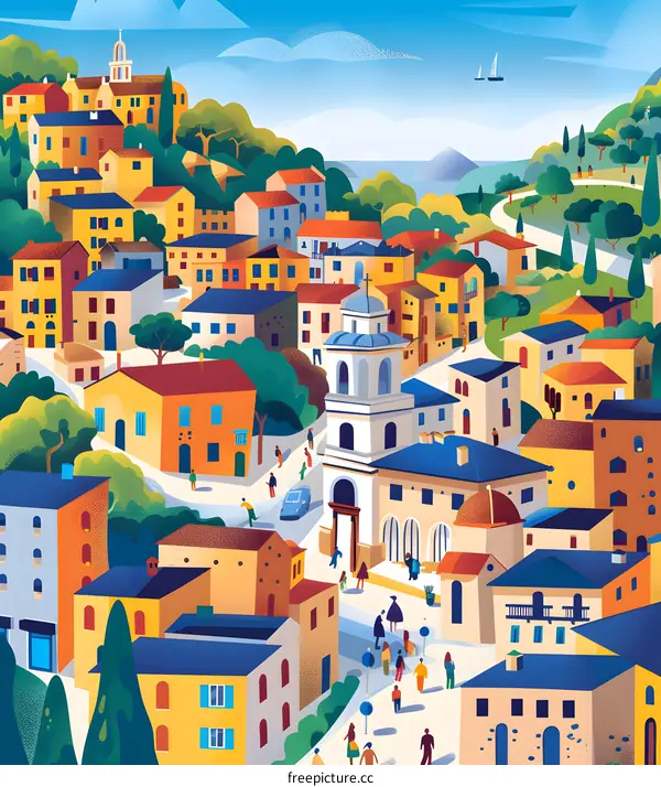 Colorful Illustration of a European Cityscape with People