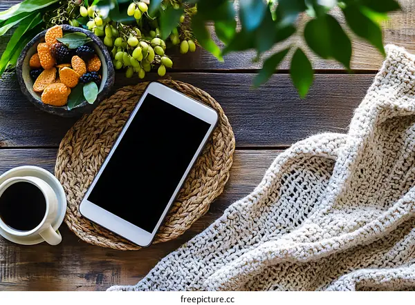 Flat Lay Top View Phone Coffee Cup Knit Blanket On Wooden Table