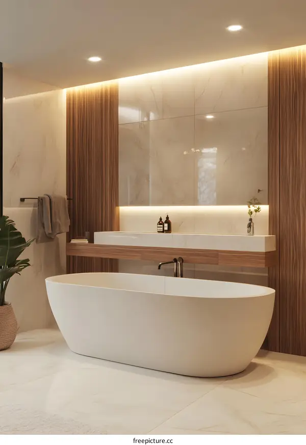 Modern Bathroom with Freestanding Tub and Wooden Wall