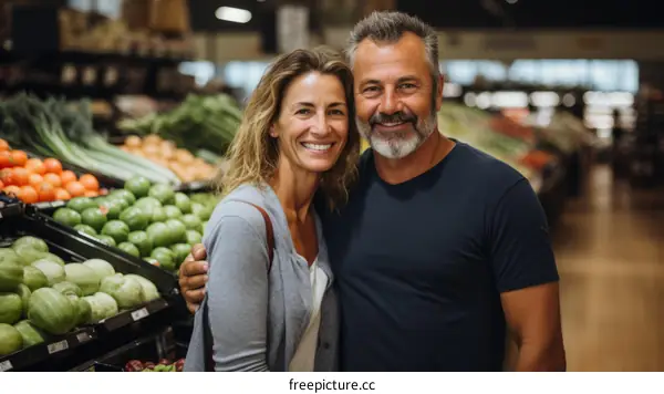 Happy couple shopping for groceries in the produce section of a supermarket