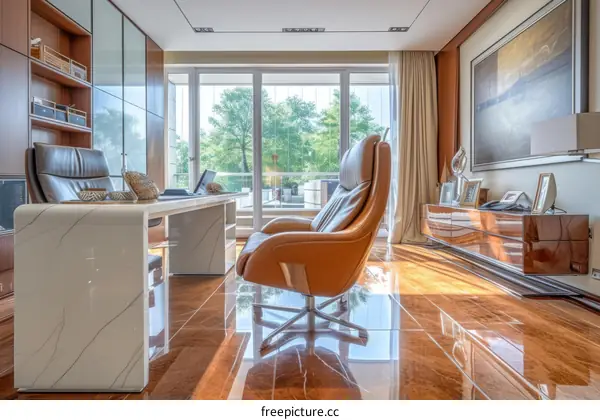Modern office with large windows and a comfortable leather chair