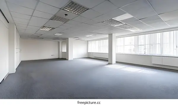 Empty Office Space with Grey Carpet and Windows