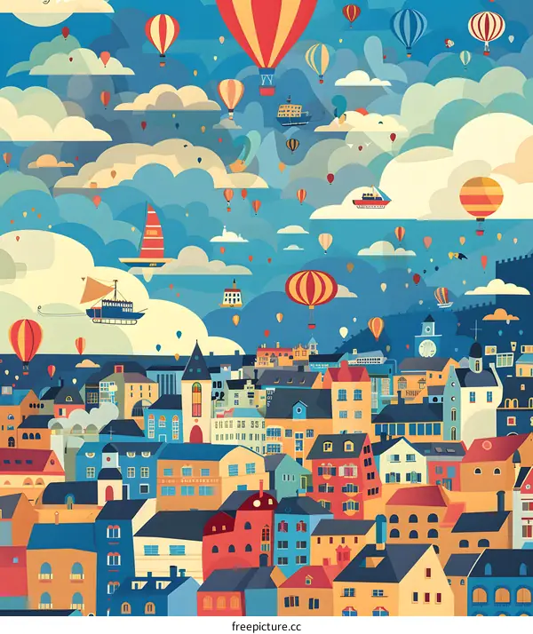 Colorful Cityscape with Hot Air Balloons