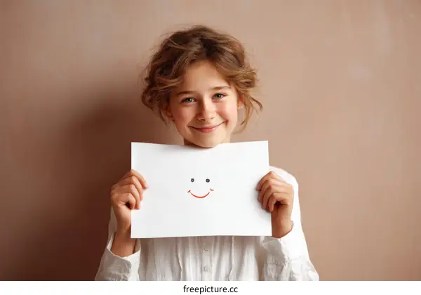Smiling Child Holding a Drawing of a Happy Face