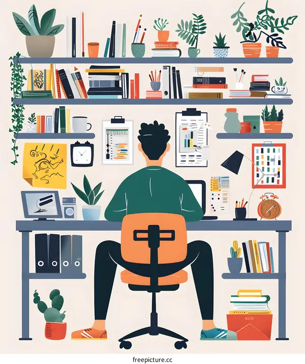 Man Working At His Desk With Books And Plants