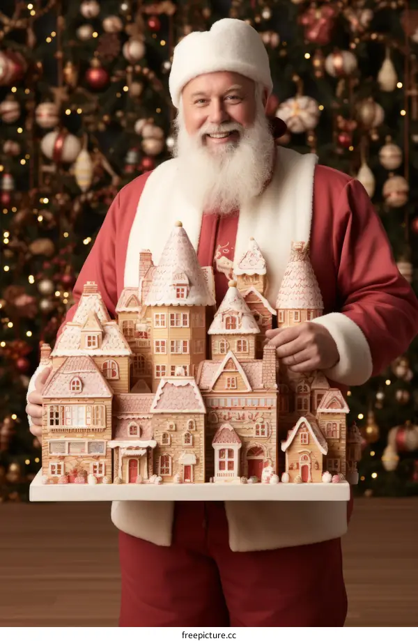 Santa Claus holding a gingerbread house