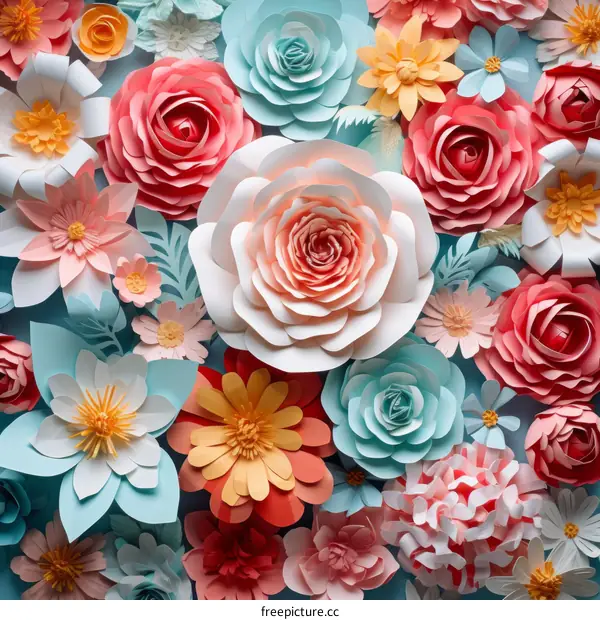 A variety of paper flowers in different colors are arranged together to form a background