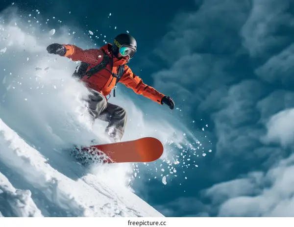 Snowboarder Descending Snowy Mountain Slope