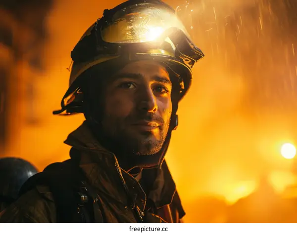 Firefighter in protective gear looks on during a fire