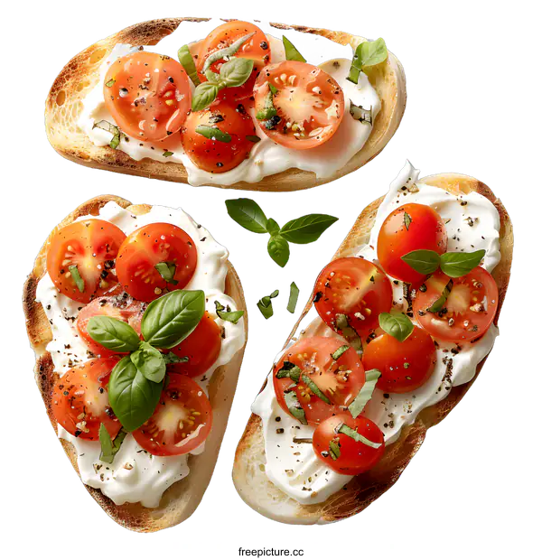 [Transparent Background PNG]Three slices of bread with cream cheese and cherry tomatoes