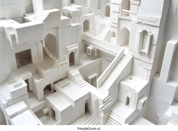 White Model of a City with Stairs and Arched Doors