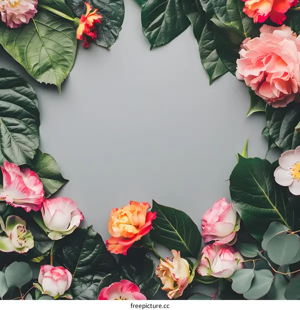 Floral Frame with Pink and Orange Roses on Grey Background