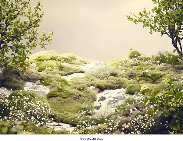 Green Mossy Landscape with White Flowers