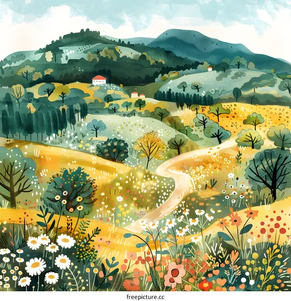 Countryside Landscape with Winding Road and Flowers