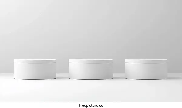 Three Blank White Cylindrical Display Objects