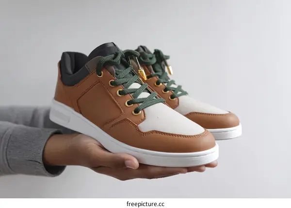 Stylish Brown and Beige Sneakers Held by a Person