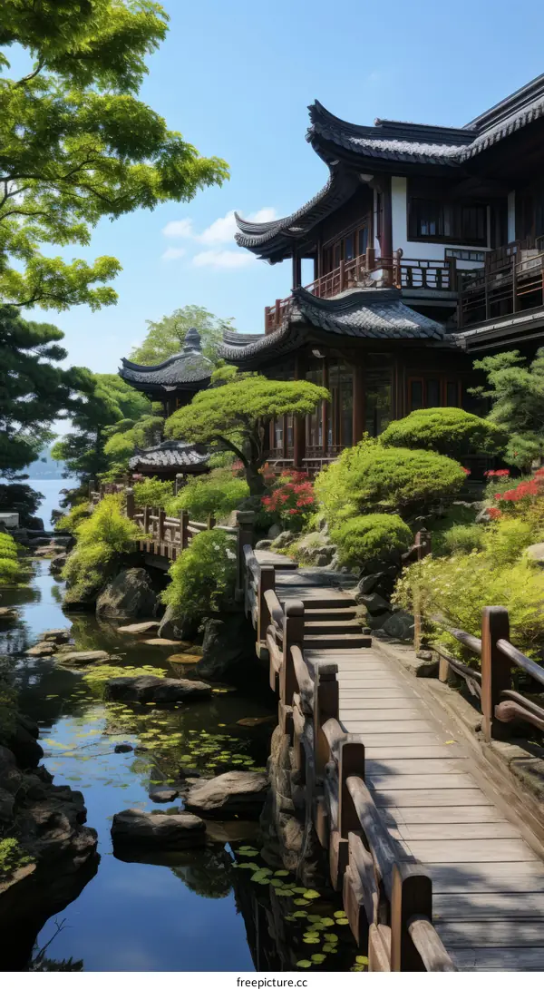 Oriental architecture, surrounded by a beautiful garden with a pond