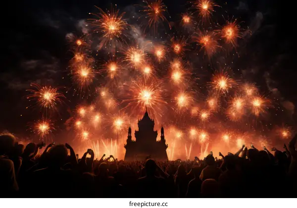 Fireworks light up the sky above a crowd of people