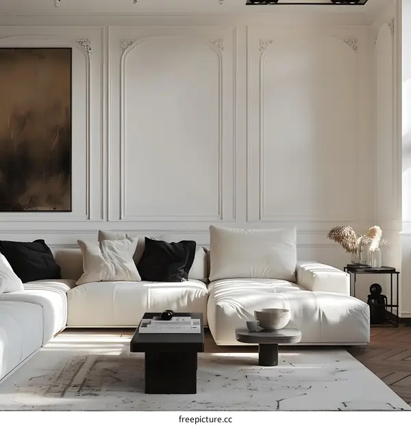 Modern Living Room Interior Design With White Sofa and Black Coffee Table