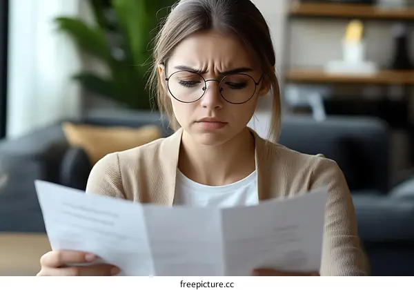 Woman Reading Documents with Concern