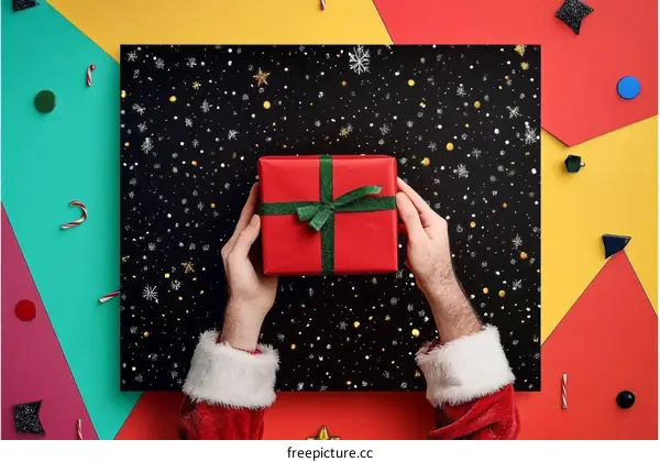 Santa Claus holding a Christmas gift box on colorful background