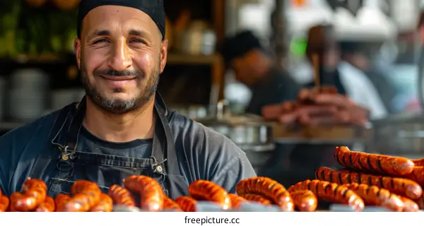 A Middle Eastern man is grilling sausages at a street food market.