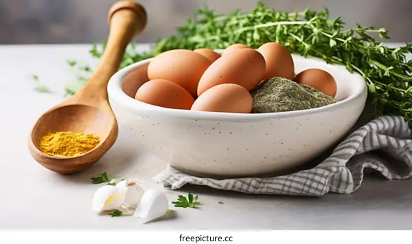 A bowl of eggs and spices