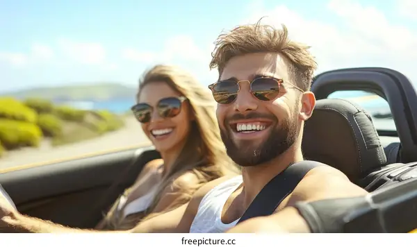 Happy Couple Enjoying Road Trip in Convertible