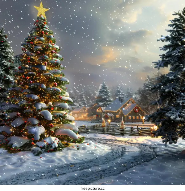 Snowy Village with Decorated Christmas Tree