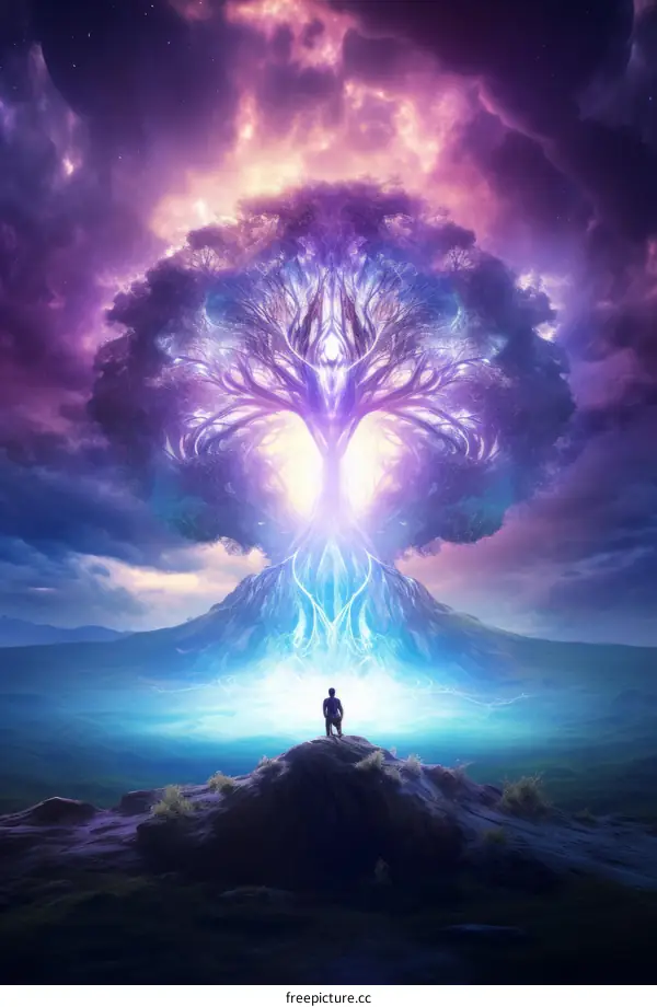 Man standing on a cliff looking at a large tree with a glowing purple aura