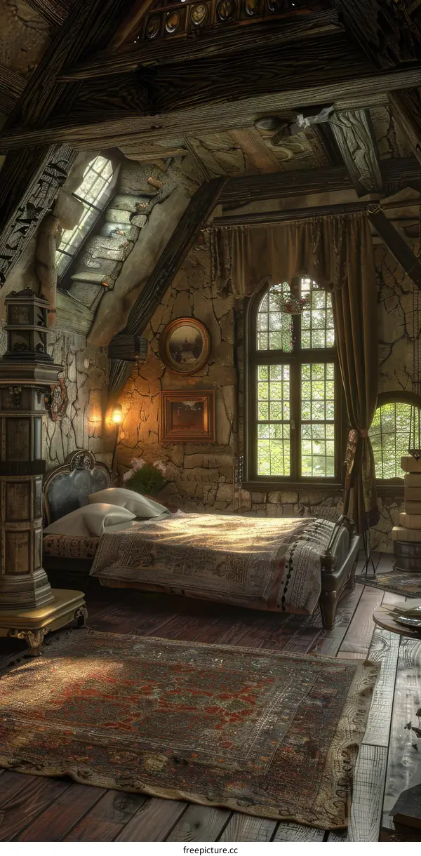 Antique Rustic Attic Bedroom Interior Illustration