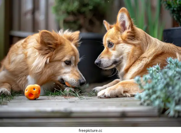 Two cute dogs playing with a toy on the wooden floor
