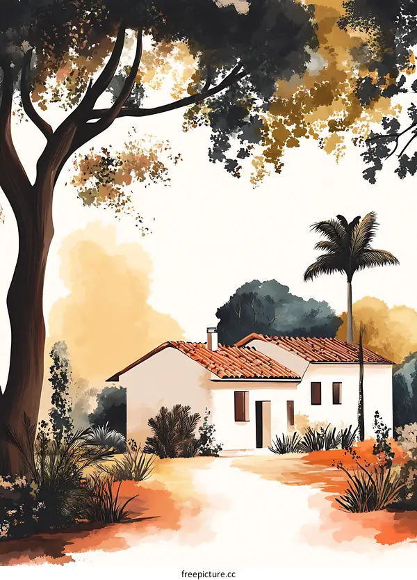 Watercolor Painting of a House in a Field