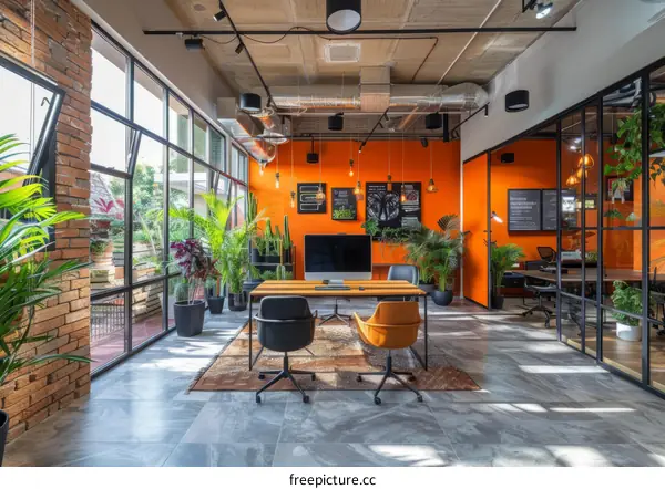 Modern Orange Accent Wall Office Interior with Plants